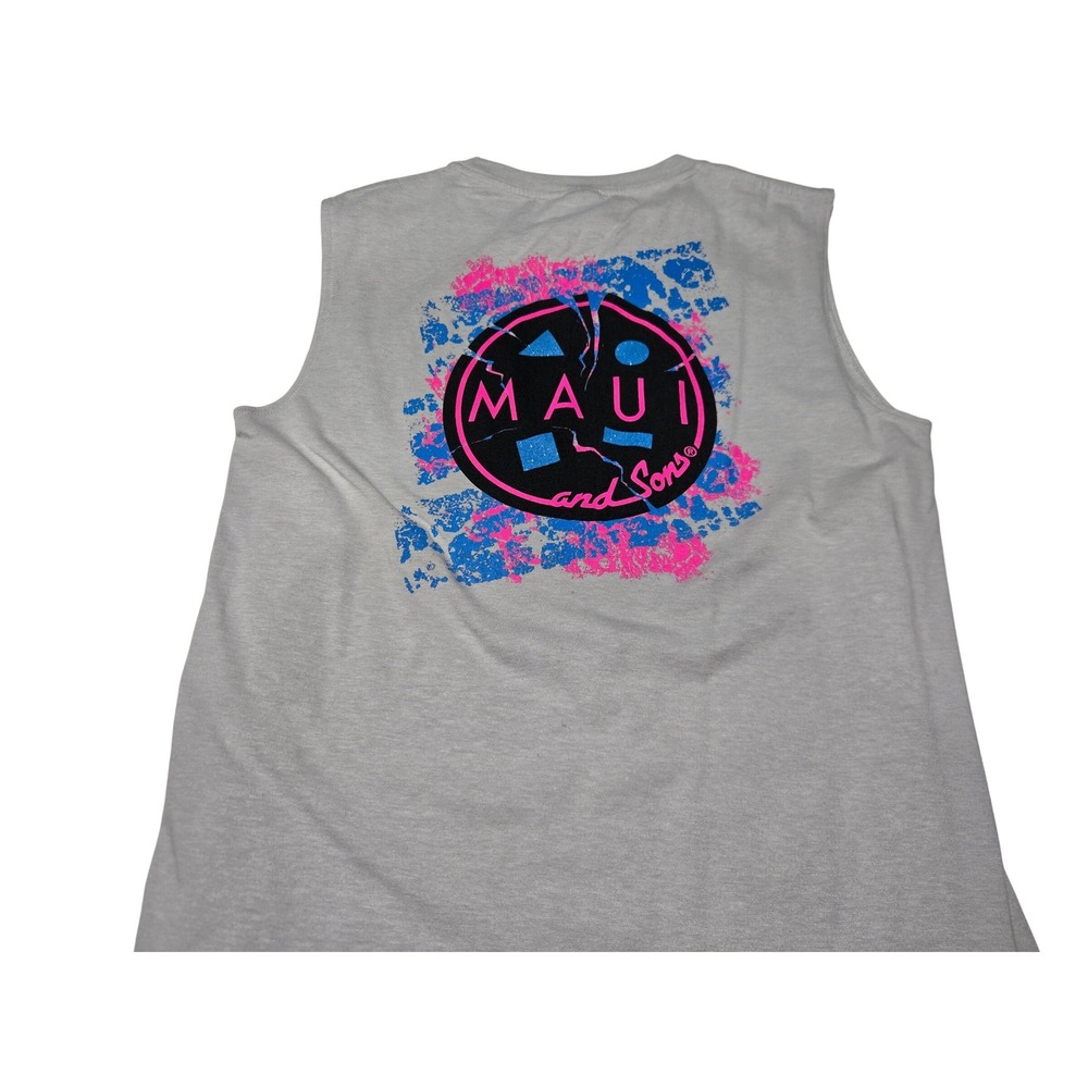 Maui & Sons Gray Sleeveless Graphic Tee Neon Print Accent Men's M Back Hit - Picture 2 of 8